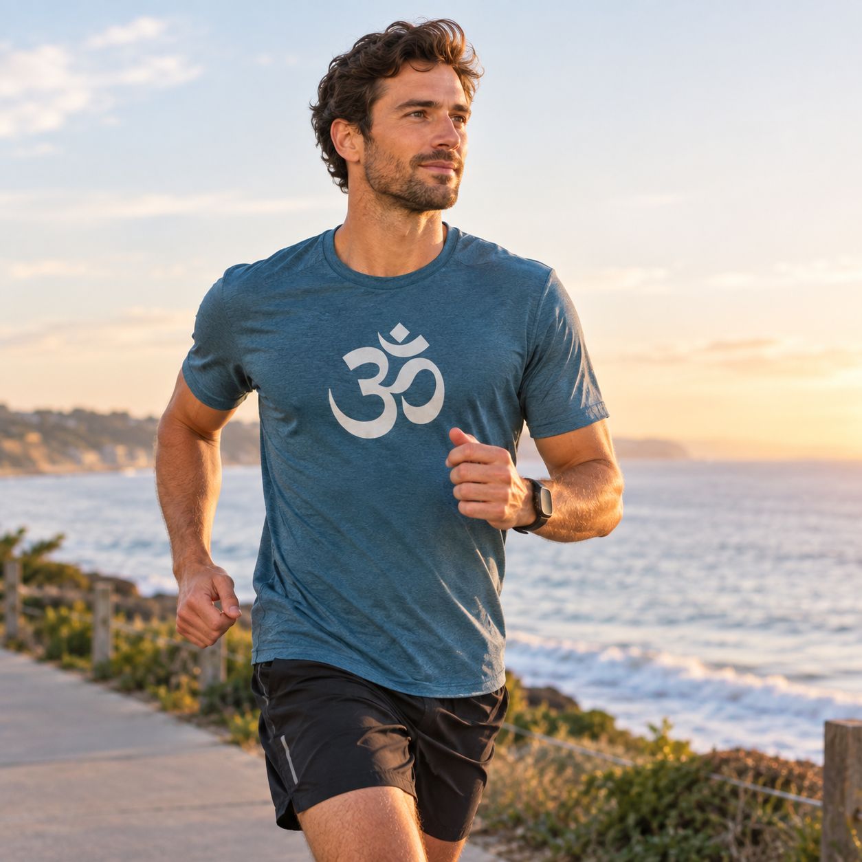 Man jogging along a coastal path at sunset, wearing an Om-print t-shirt