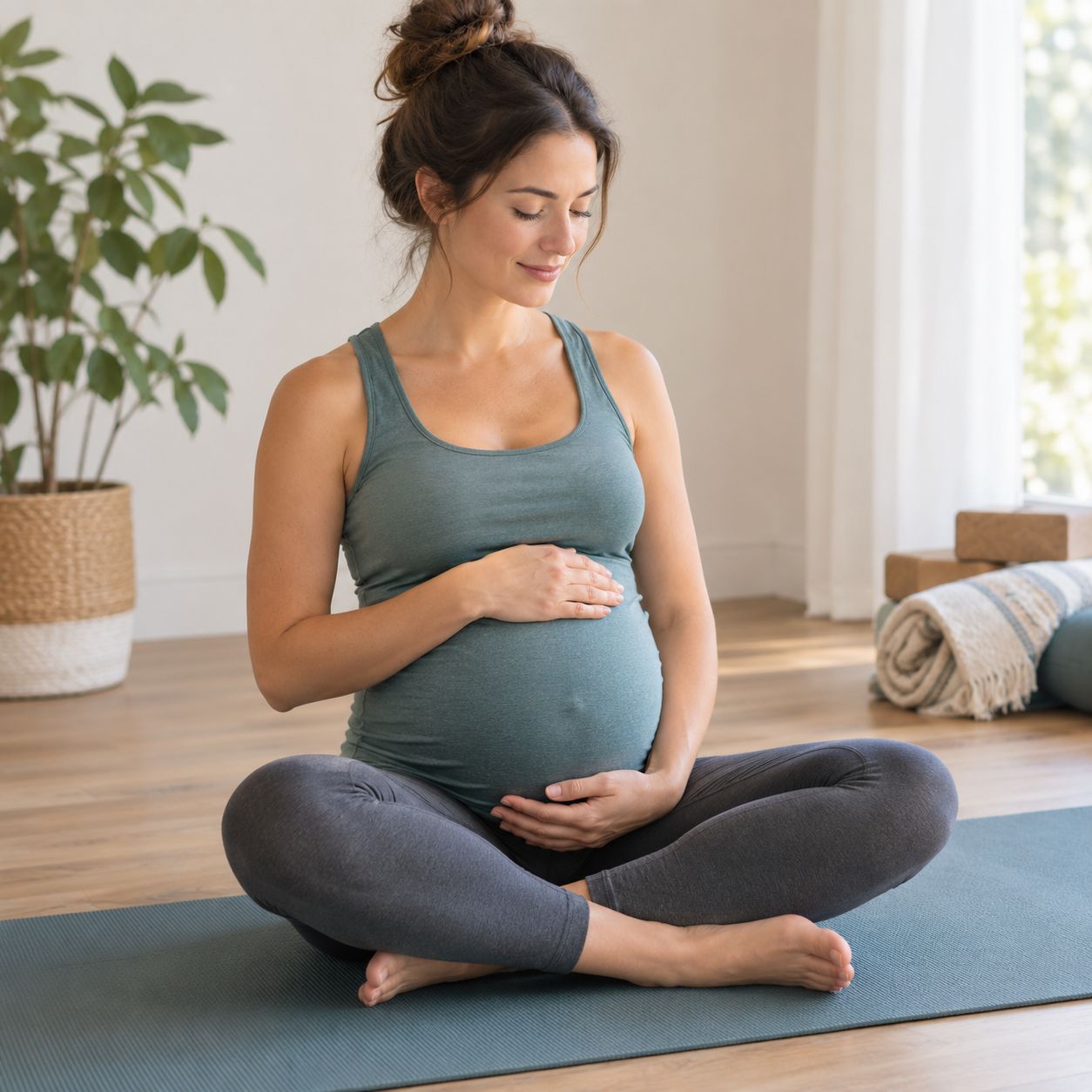 Pregnant woman sitting cross-legged on a yoga mat, hands resting on her belly
