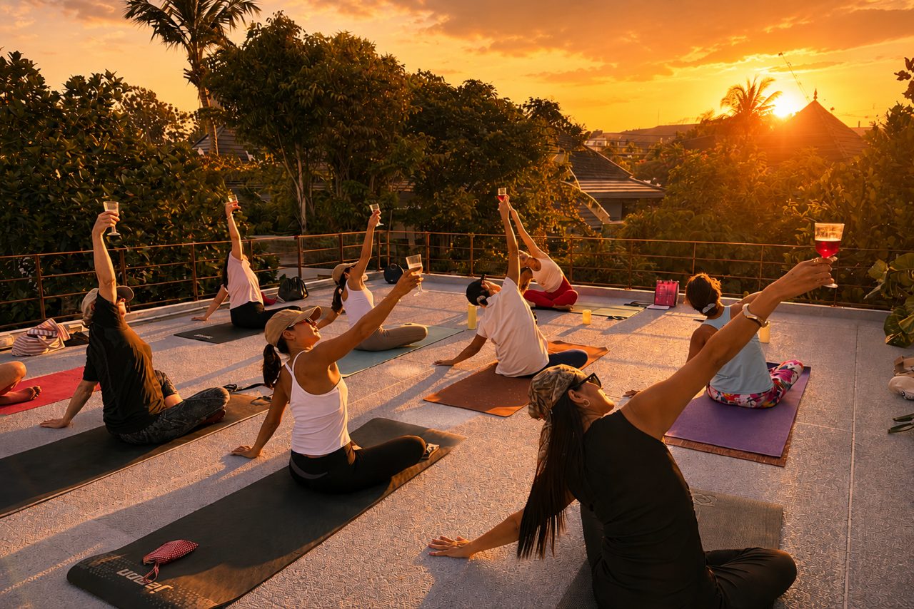 A group practising yoga at sunset on a rooftop terrace, raising glasses together